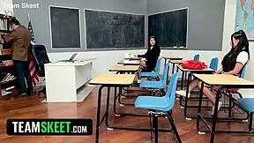 The naughty teacher seduces innocent high school girls in the classroom