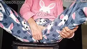 Horny Teen Stepdaughter Teases Pussy in Pajamas with Small Boobs