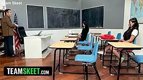 The naughty teacher seduces innocent high school girls in the classroom