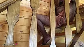 does this horny young slut cheat on her husband by sucking cock and fucking her neighbor on the stairs?