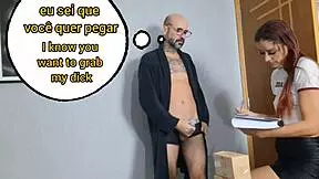 Does the perverted grandpa receive the delivery girl with his dick out?