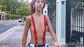 Topless in suspenders micro skirt in public 😏