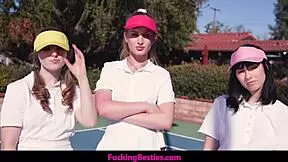 three teens get horny for tennis instructor and fuck him