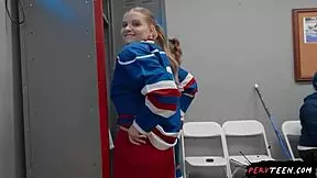 Big ass teen seduces cameraman intensely in locker room