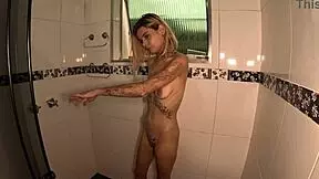 Russah arrives at our house and enjoys shower time with the endowed one