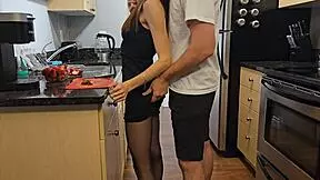 petite step sister in black dress fucked in kitchen