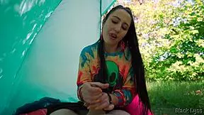 Slutty Hippie Jerked Off in Tent