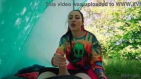 Slutty Hippie Jerked Off in Tent