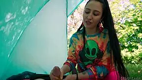 Slutty Hippie Jerked Off in Tent