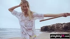 skinny italian milf plays with balloons on the beach 😊