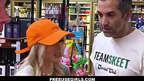 Freeuse skinny blonde teen and customer exploit tiny employee after freeze