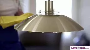 busty lesbian cleaners licking shaved pussy on clients bed