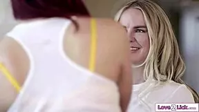 busty lesbian cleaners licking shaved pussy on clients bed