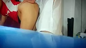 The stepdaughter visits her stepfather's clinic, deceiving her husband by having sex with the doctor stepfather