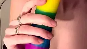 Tiny amateur tries a giant dildo ride in her tight space, reaching climax and soaking panties.