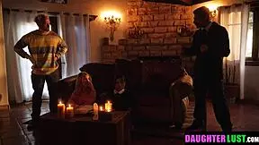 Young stepdaughters accidentally summon their old stepdads for a hardcore orgy.