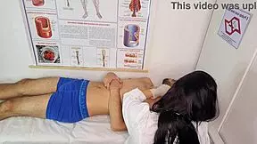 Nurse helps patient with a strong erection in the hospital