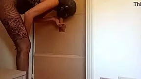 In nylon catsuit and heels i suck cock and fuck in gloryhole until cum in mouth