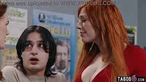 Bisexual redhead milf stepmom and teacher share stepson's hard cock in group threesome