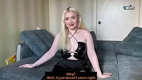 cute busty blonde in black stockings enjoys play in the kitchen