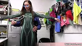 beautiful slim chick caught by mall cop offers pussy and blowjob to pay