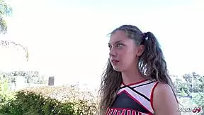 How did petite cheerleader Elena Koshka trick her coach to fuck at home?