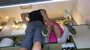 Boss plays with shop assistant's pussy during customer talk.