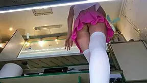 Boss plays with shop assistant's pussy during customer talk.