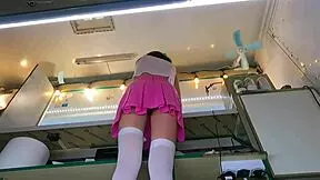 Boss plays with shop assistant's pussy during customer talk.