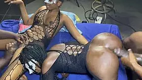 Monster cock pounds three black teen lesbians in orgy.