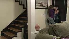 Two teen brunette girlfriends in girlfriends films perform fingering, masturbation, and lesbian acts with small tits and petite frames