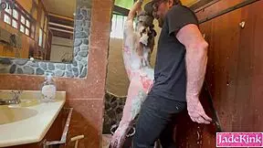 obedient slave bound and teased with foam play