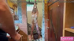 obedient slave bound and teased with foam play