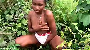 Ebony teen outdoors encounters farmer and receives golden shower