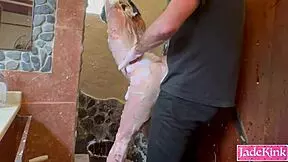 obedient slave bound and teased with foam play