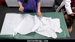 Doctor and nurse convince dazzling babe to strip for a wild hospital threesome.