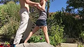 teenage stepdaughter takes a cum facial from the gardener in the backyard - erin electra