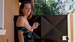 Slutty outdoor smoking with big tits