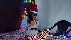 beautiful brunette latina receives christmas in her bed while touching her big tits and her wet vagina she moans with passion while she gets doggy showing her vagina