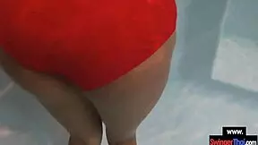 Amateur teen 18+ couple foreplay in a public pool and sex