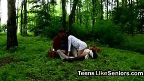 Old Guy Pounds Teen Outdoors