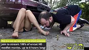 Perverted neighbor doctor tampa sniffs raven rogue's feet & socks while helping change her oil on beat2feet - reup