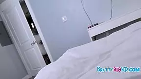 In this pov scene, the petite shaved stepsister can't resist once she sees the massive cock, leading to intense fucking on the bed.
