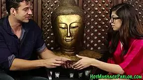 Sexy teen masseuse gives jizzy blowjob