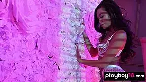 Vina Sky, the petite Asian teen, unveils her smooth shaved pussy.