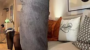 Hot sexy news reporter teases and seduces cfnm lover with big cock at home.