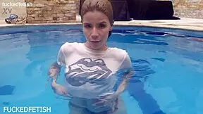 Ashley Rose spreads wet pussy by the pool.