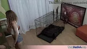 Teen with curly hair serves as personal sex bot, enjoying machine blowjobs