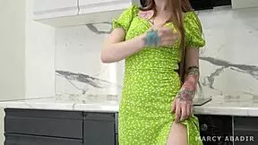 Cumshot between her buns in the kitchen!