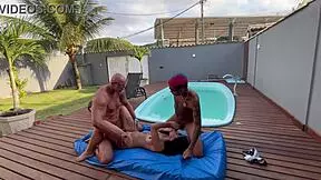 Hot Brunette Babe Goes Wild, Craving To Give Her Big Ass To Two Guys In Public Outdoors.